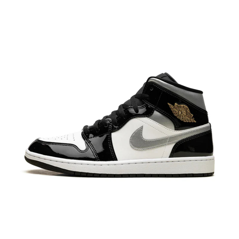 nike Air Jordan 1 Mid SE Patent Black White Metallic Silver Metallic Gold
