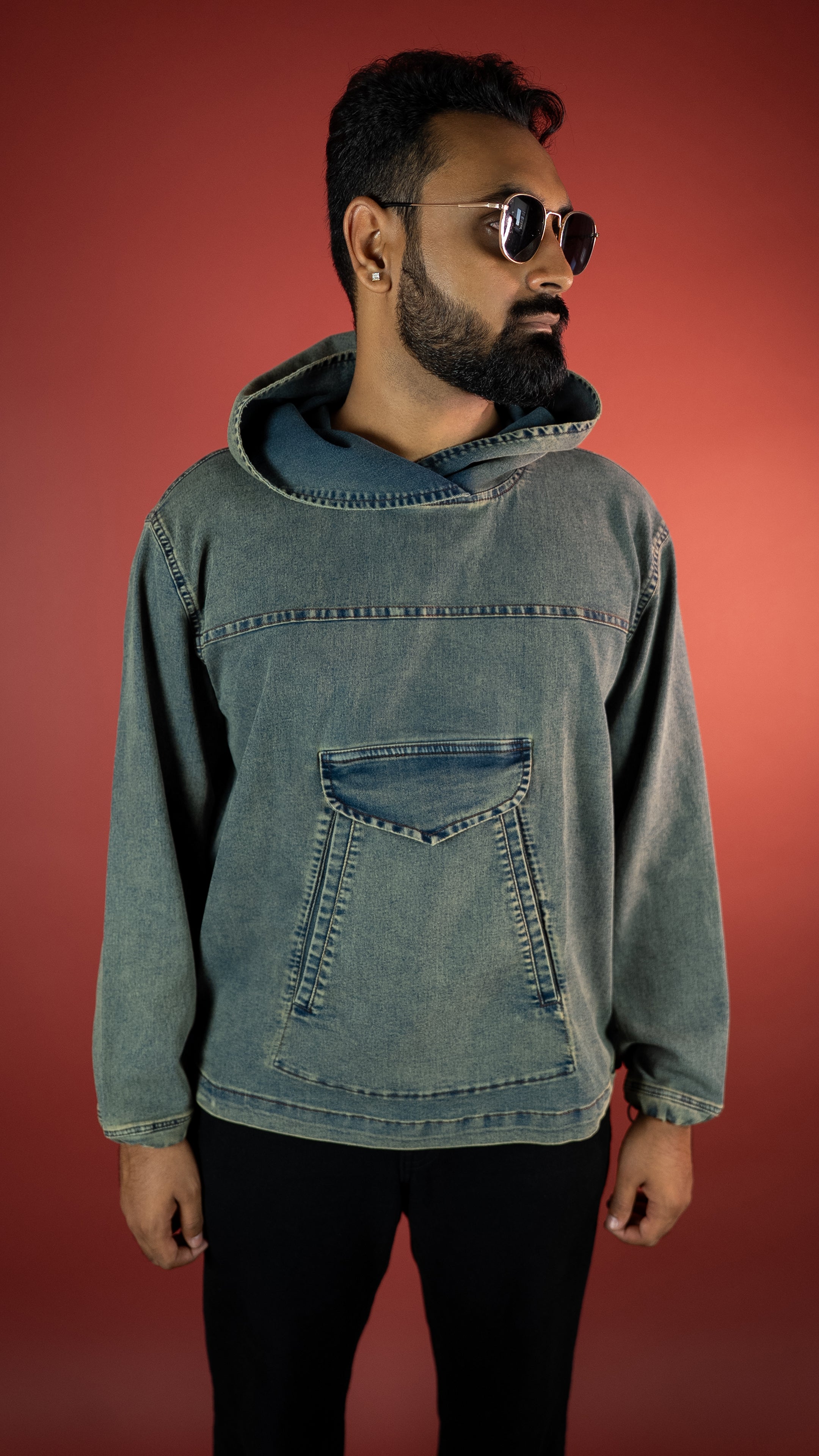 ACID WASH DENIM MEN'S HOODIE
