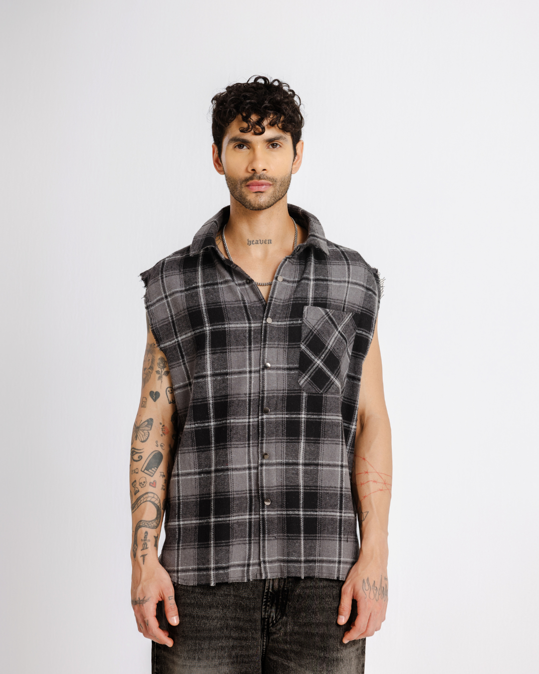 Shredded Checks - Smoke - Evrhood shredded sleeveless check shirt