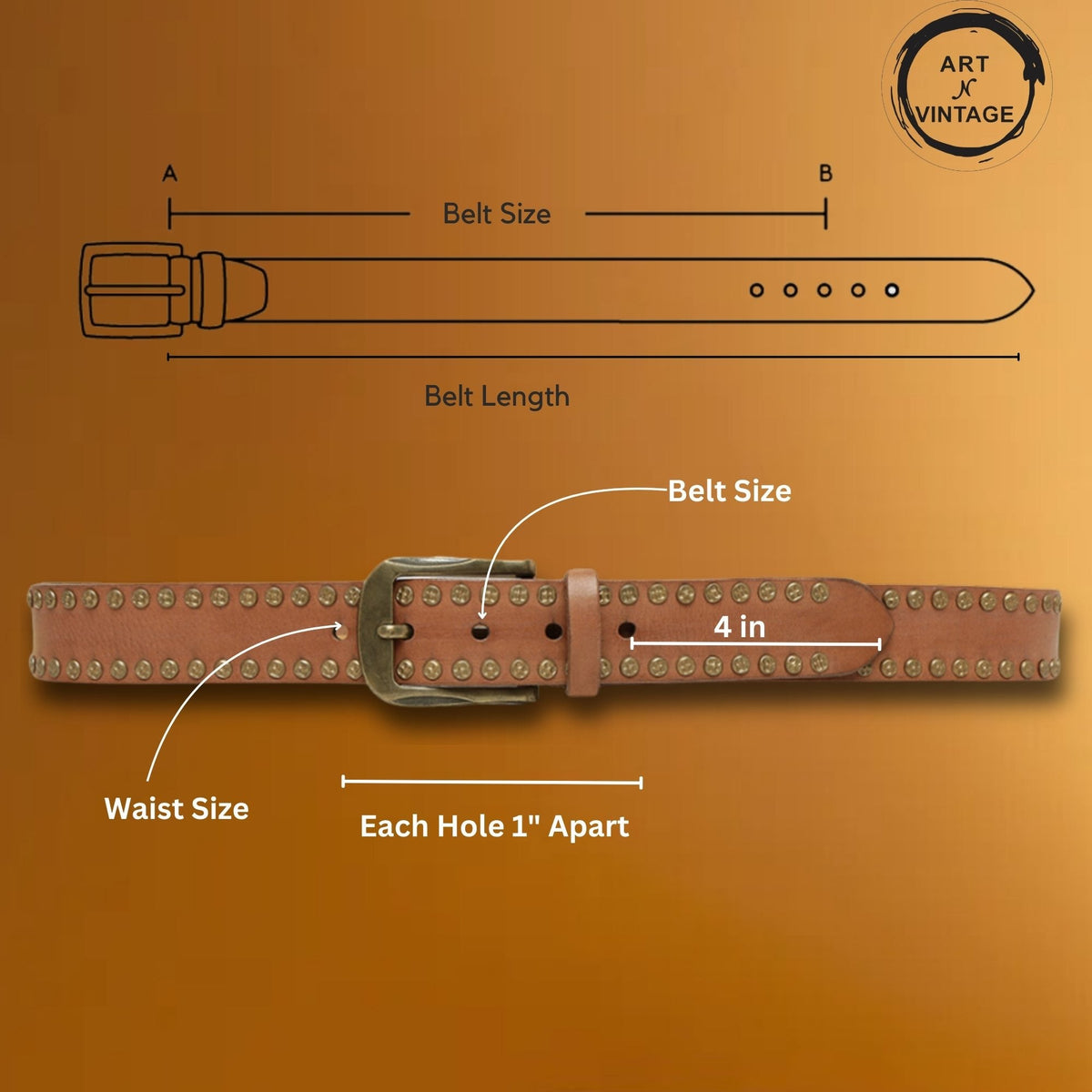 Rustic Rebel: Cognac Genuine Leather Studded Men's Belt - Stylish & Durable by Art N Vintage