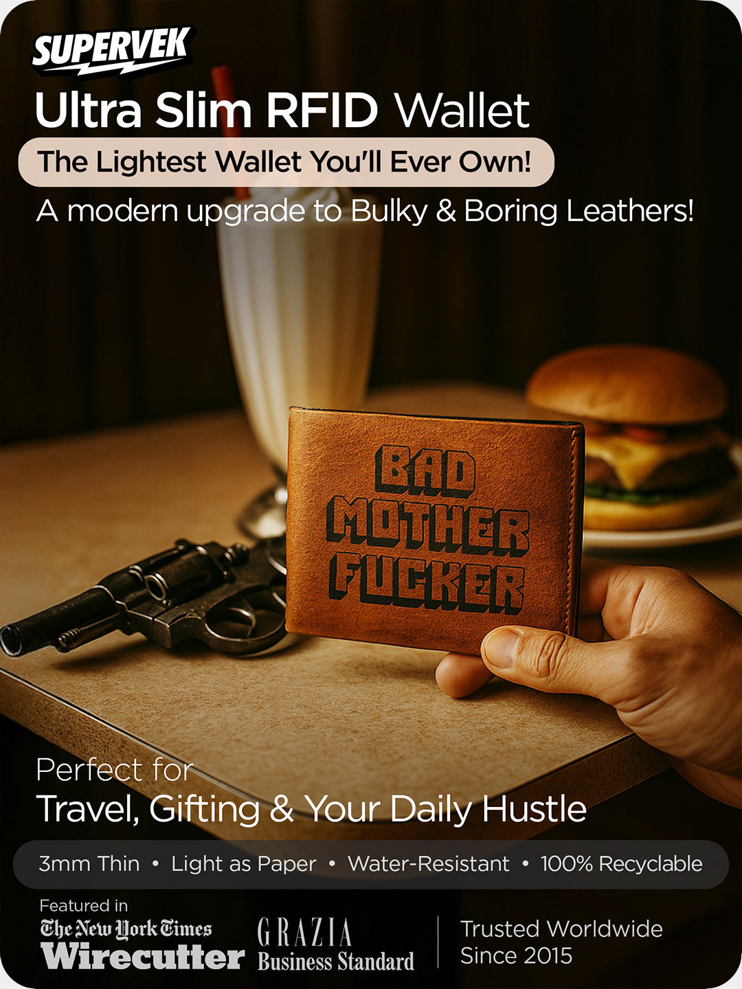 Supervek "Bad Mofo" Tyvek wallet front view, ultra slim black RFID-blocking billfold with bold text design
