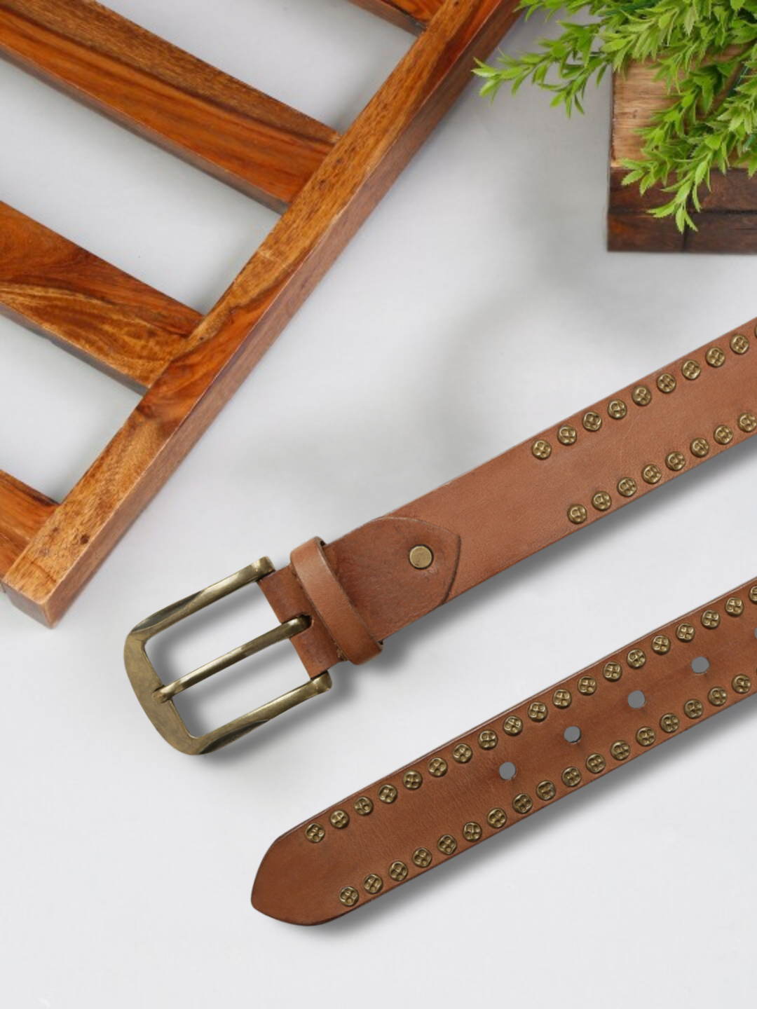 Rustic Rebel: Cognac Genuine Leather Studded Men's Belt - Stylish & Durable by Art N Vintage