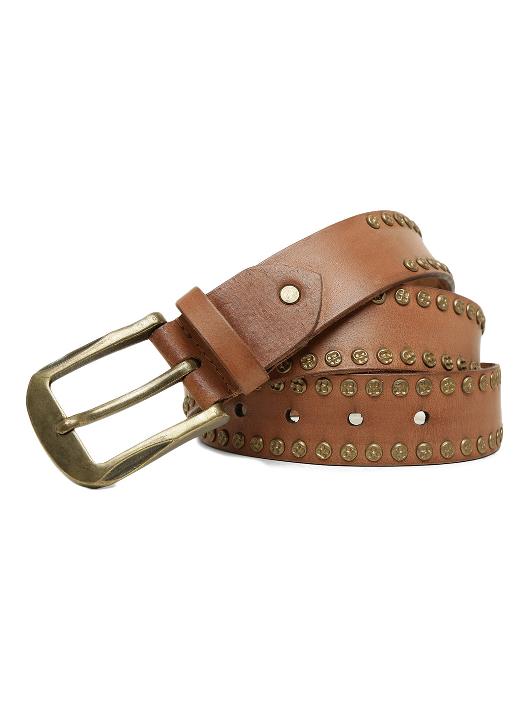 Rustic Rebel: Cognac Genuine Leather Studded Men's Belt - Stylish & Durable by Art N Vintage