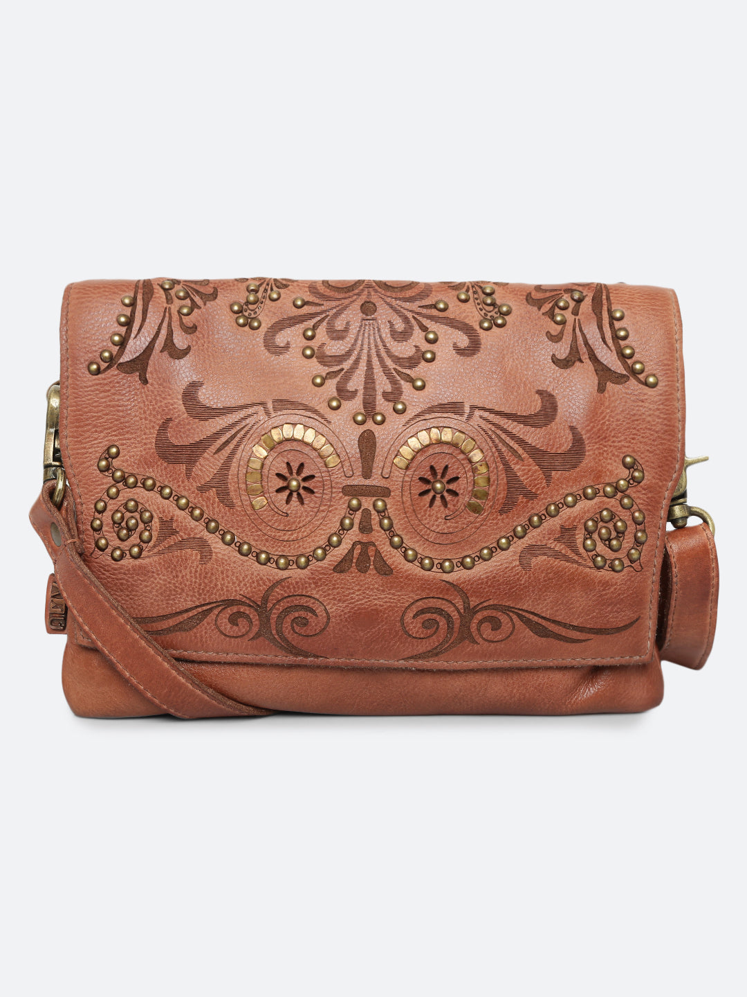 Teresa: Oak Leather Floral Laser Etched Crossbody Bag