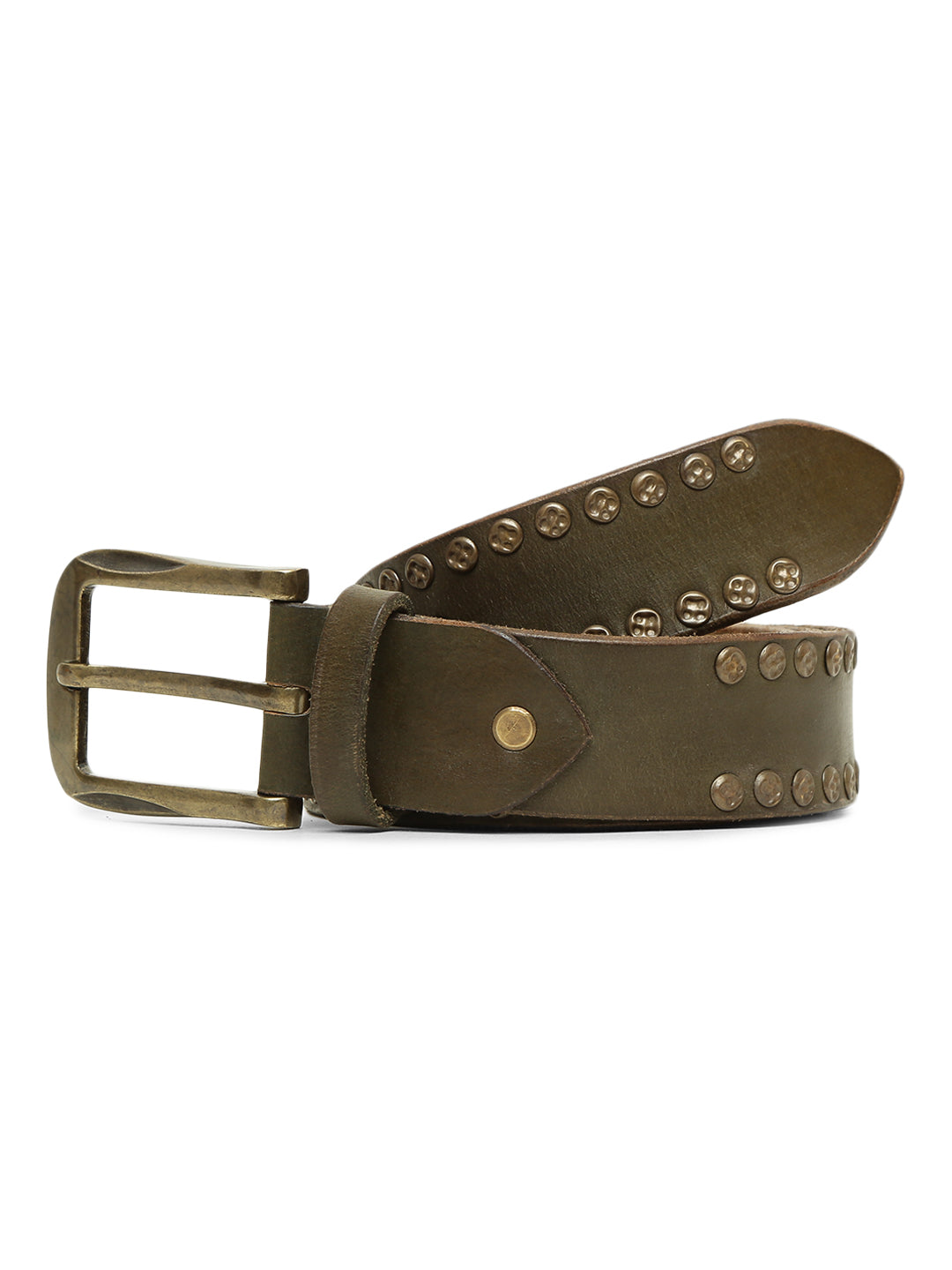 Rustic Rebel: Olive Genuine Leather Studded Men's Belt - Stylish & Durable by Art N Vintage