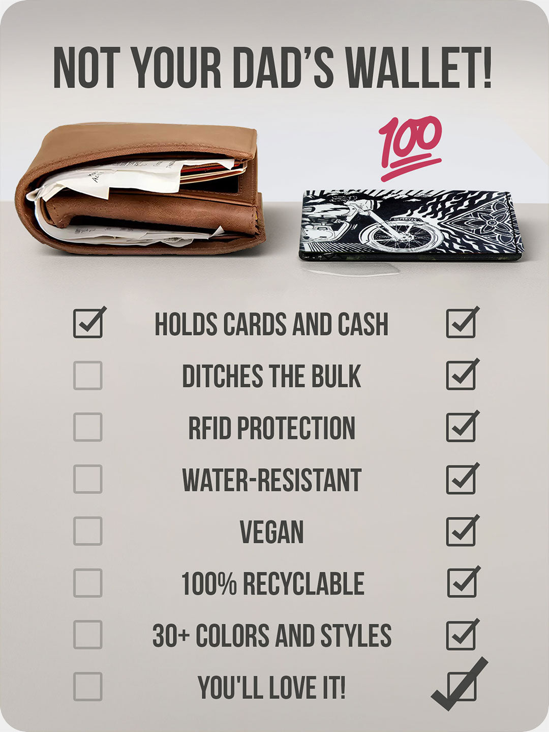 Supervek "Royal Blaze" Tyvek wallet beside bulky leather wallet, slim black vegan billfold with Royal Blaze artwork comparison shot