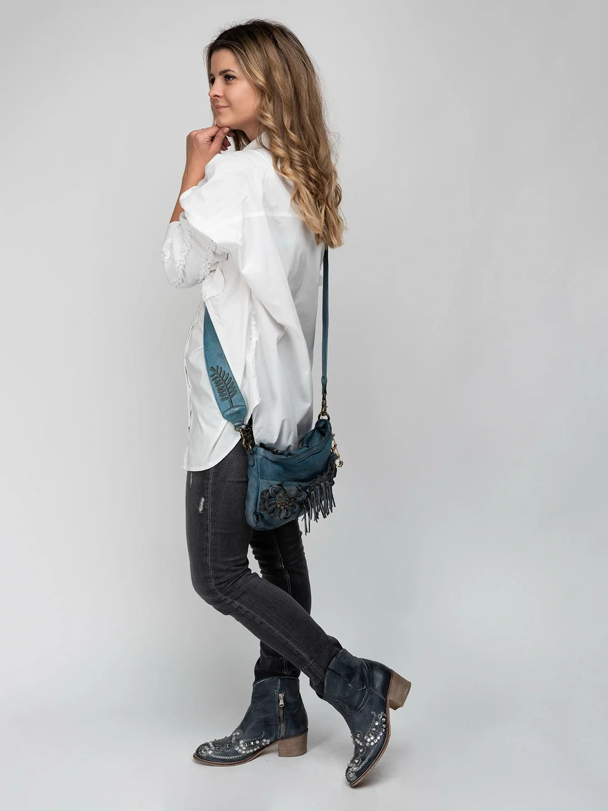 Blue Floral Applique Shoulder Leather Bag