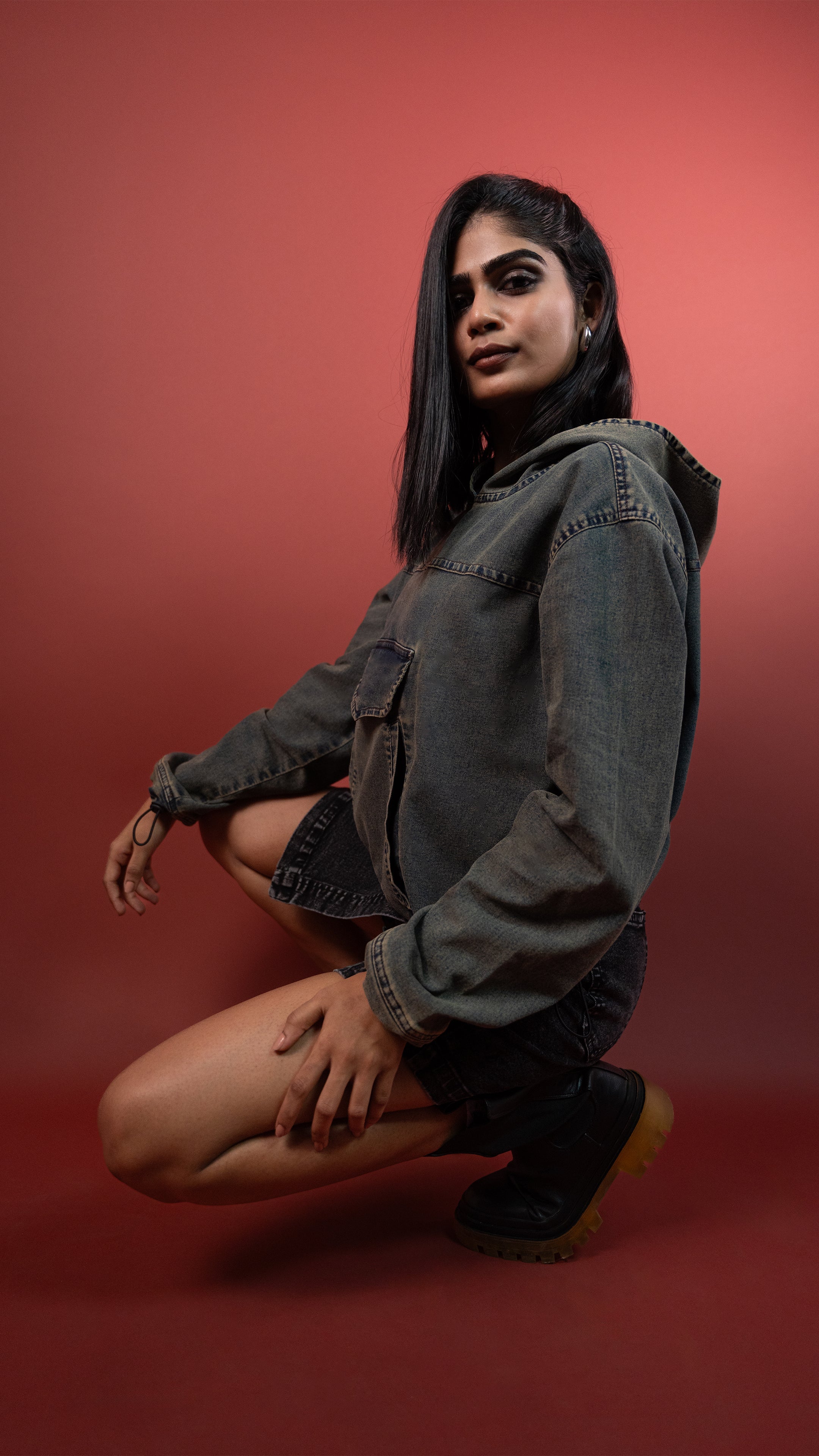 ACID WASH DENIM WOMEN'S HOODIE