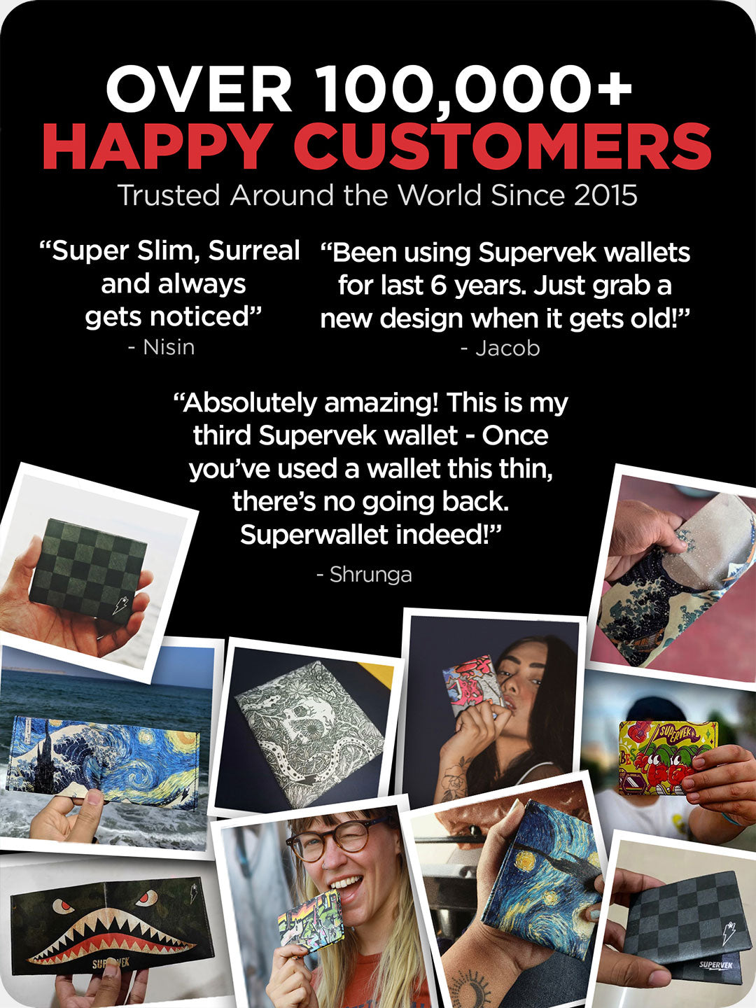 Collage of global customers holding Supervek wallets in various designs, showing brand loyalty and design range