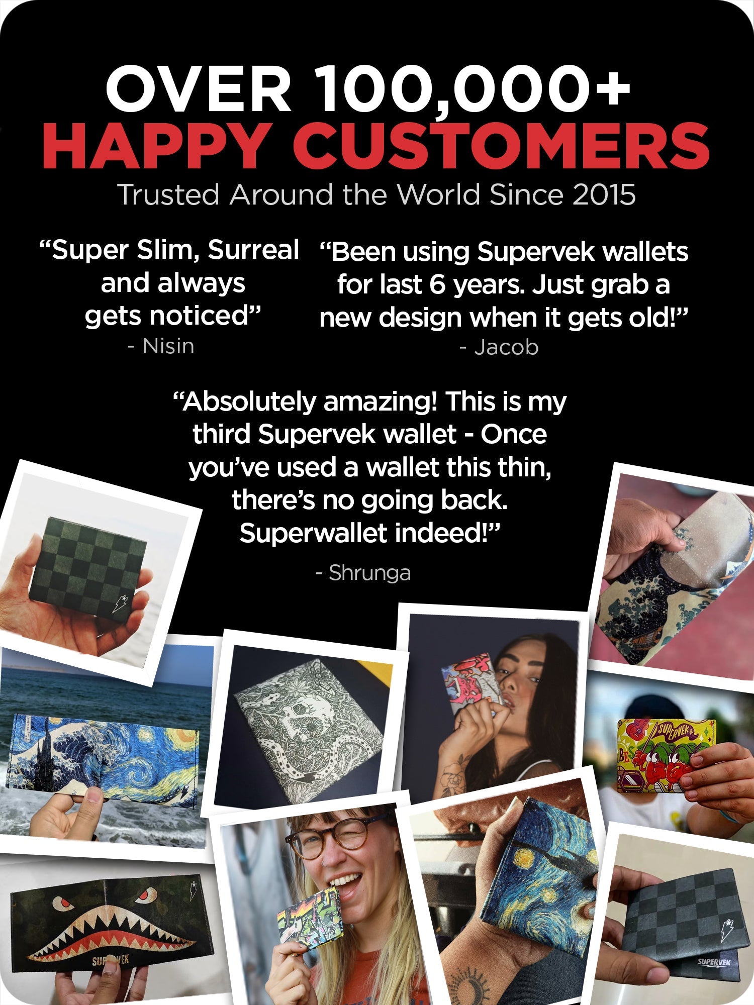 User-generated photos showing various Supervek wallets including the "Great Wave" edition, with customer reviews