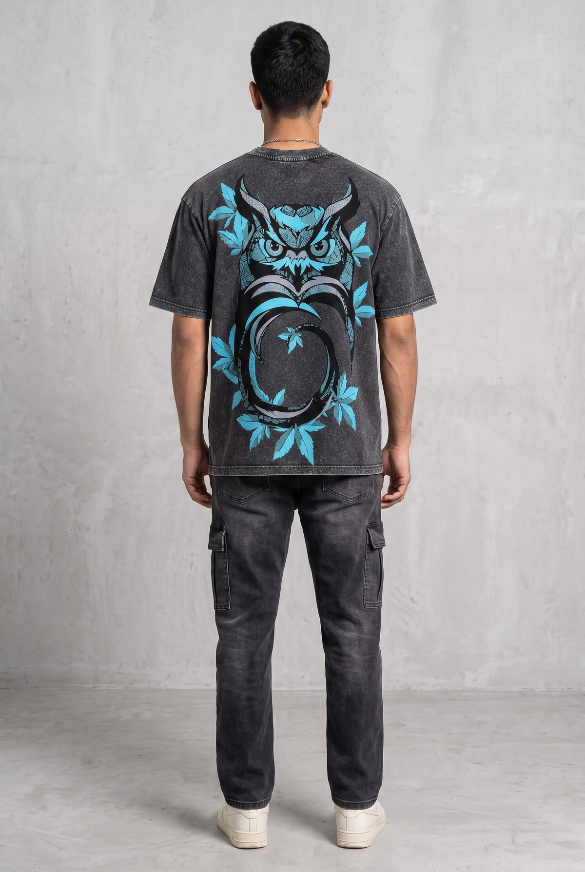 OWL VISION DARK GREY ACIDWASH MEN’S OVERSIZED T-SHIRT