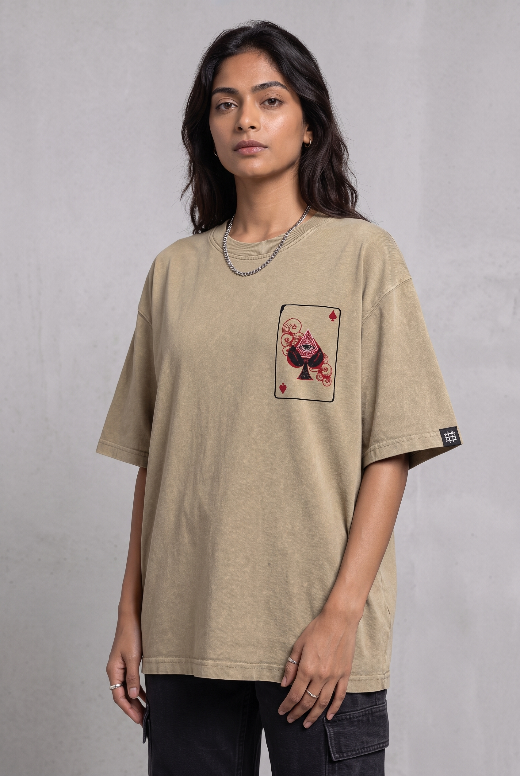 SPADE OF SECRETS BEIGE ACIDWASH WOMEN’S OVERSIZED T-SHIRT