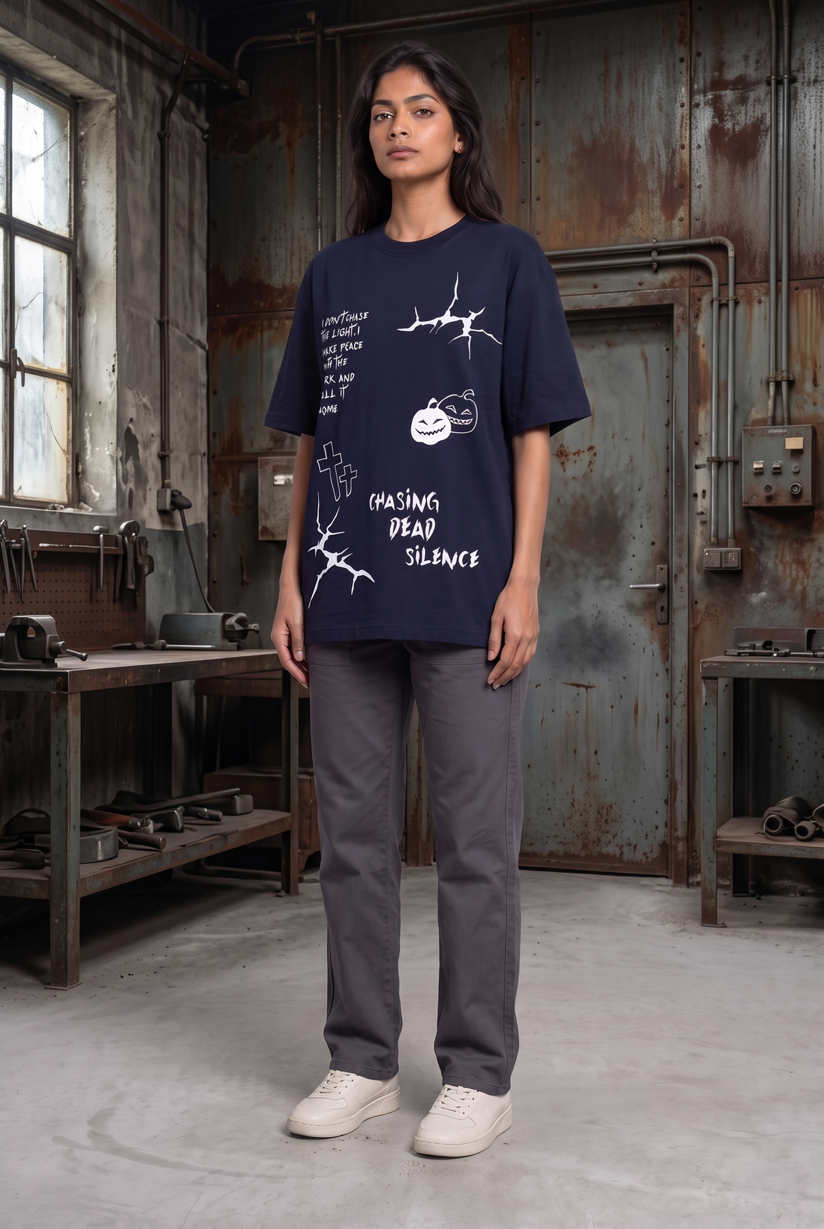MIDNIGHT SPOOKY NAVY WOMEN’S OVERSIZED T-SHIRT