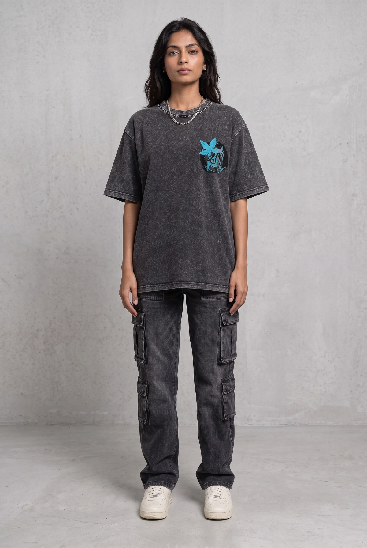 OWL VISION DARK GREY ACIDWASH WOMEN’S OVERSIZED T-SHIRT