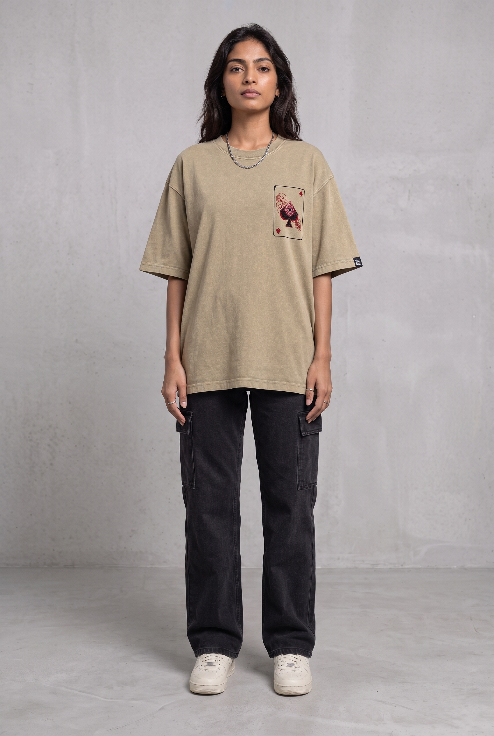 SPADE OF SECRETS BEIGE ACIDWASH WOMEN’S OVERSIZED T-SHIRT