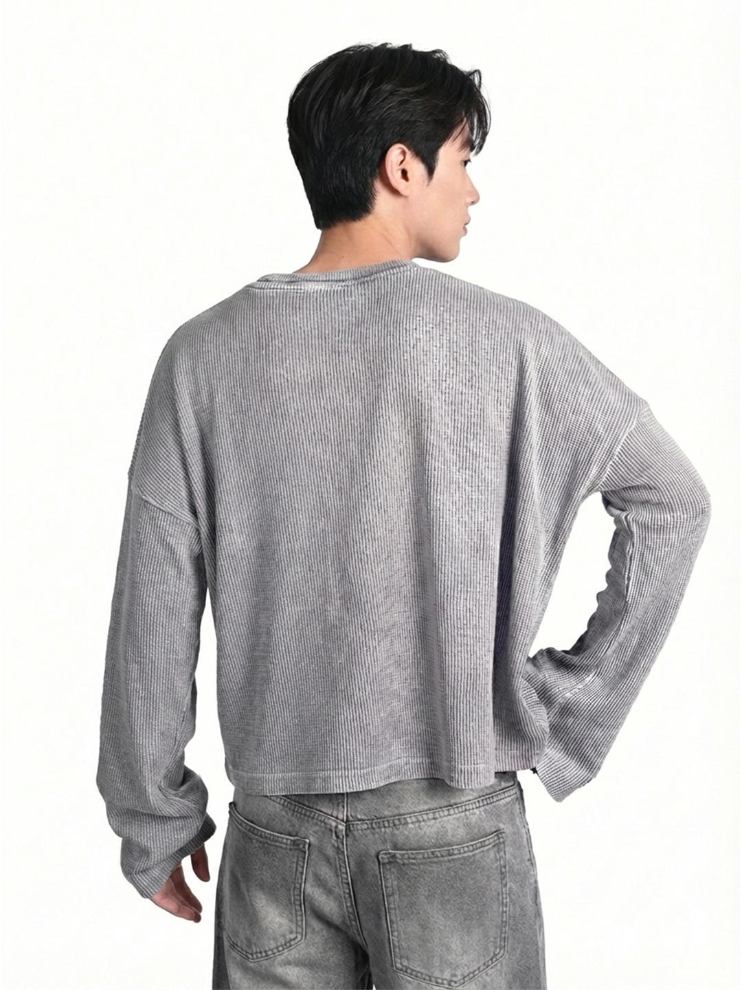 Grey Washed Crop Waffle Tshirt
