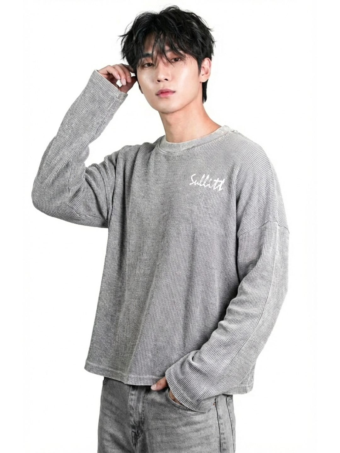 Grey Washed Crop Waffle Tshirt