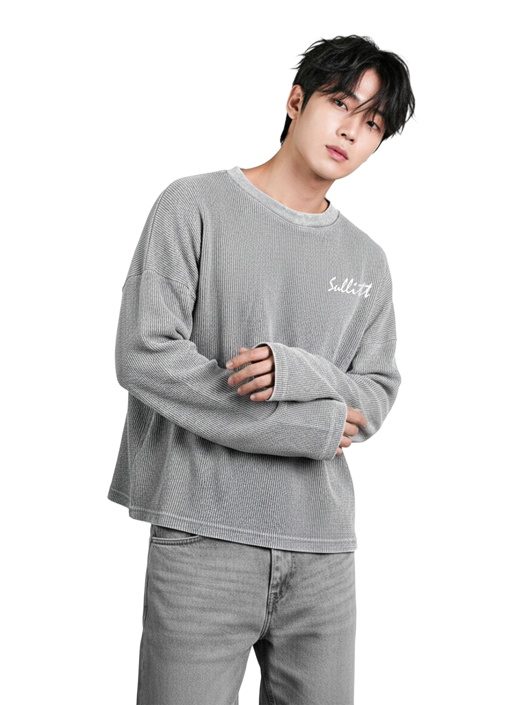 Grey Washed Crop Waffle Tshirt