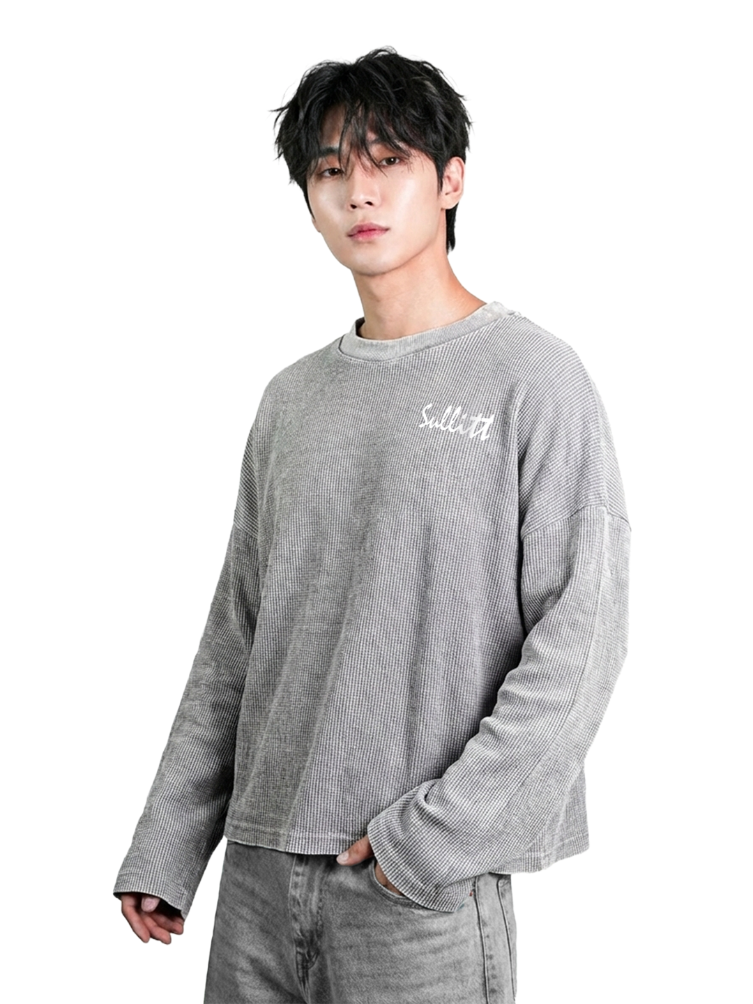 Grey Washed Crop Waffle Tshirt