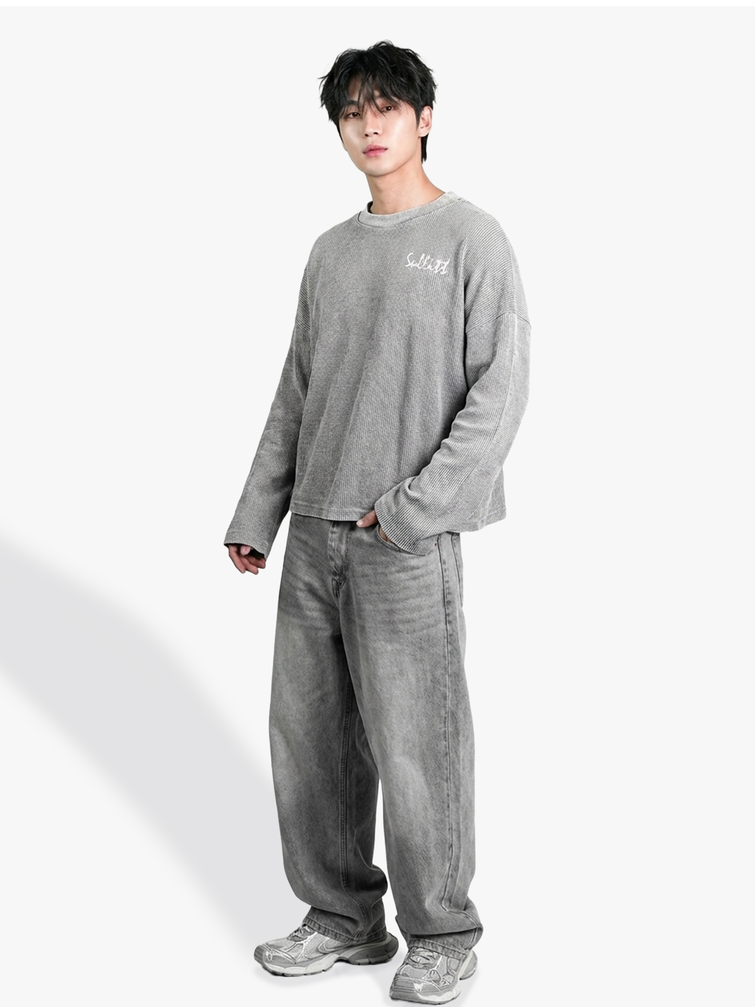 Grey Washed Crop Waffle Tshirt