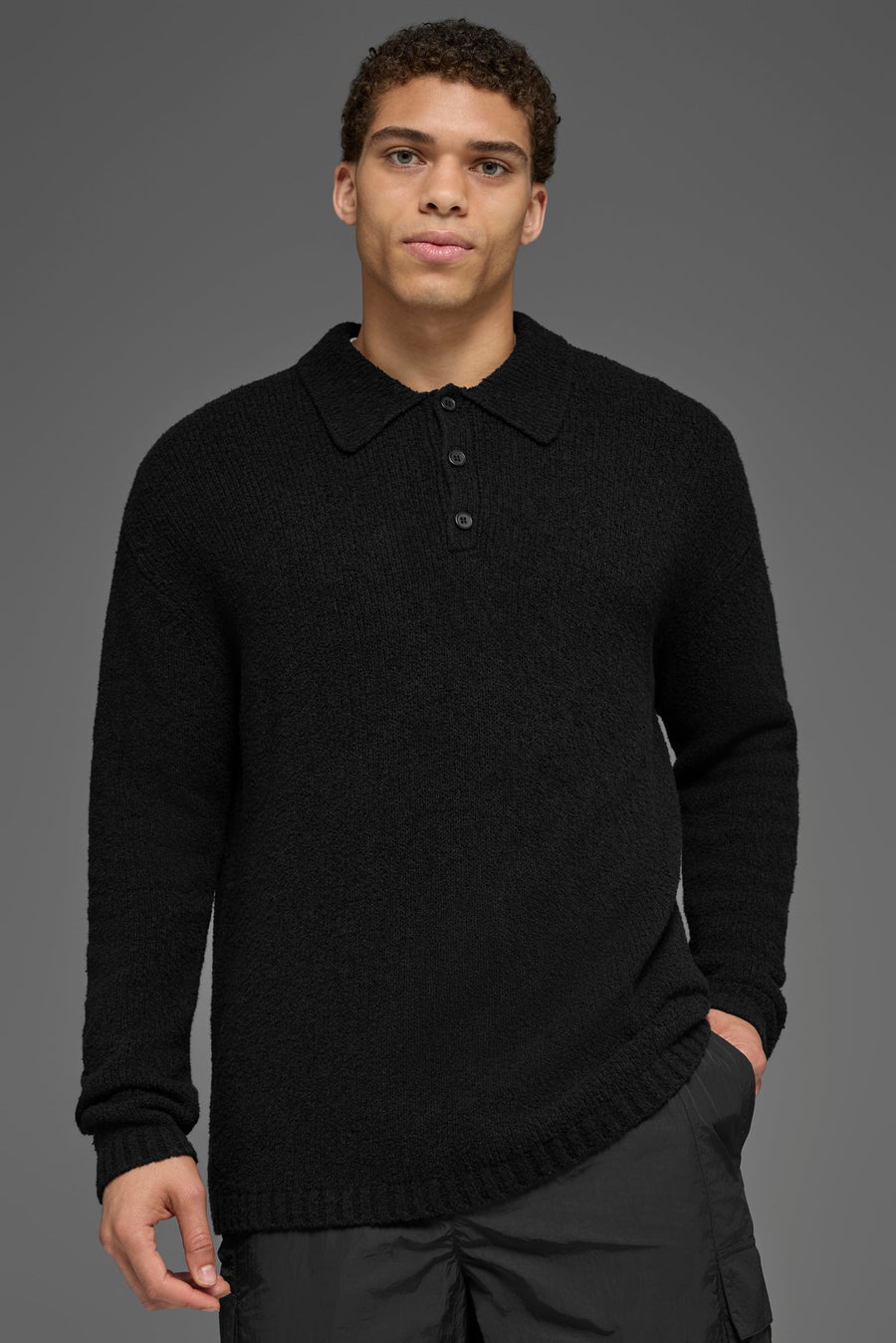 Alo Yoga Textured Knit Long Sleeve Polo - Black