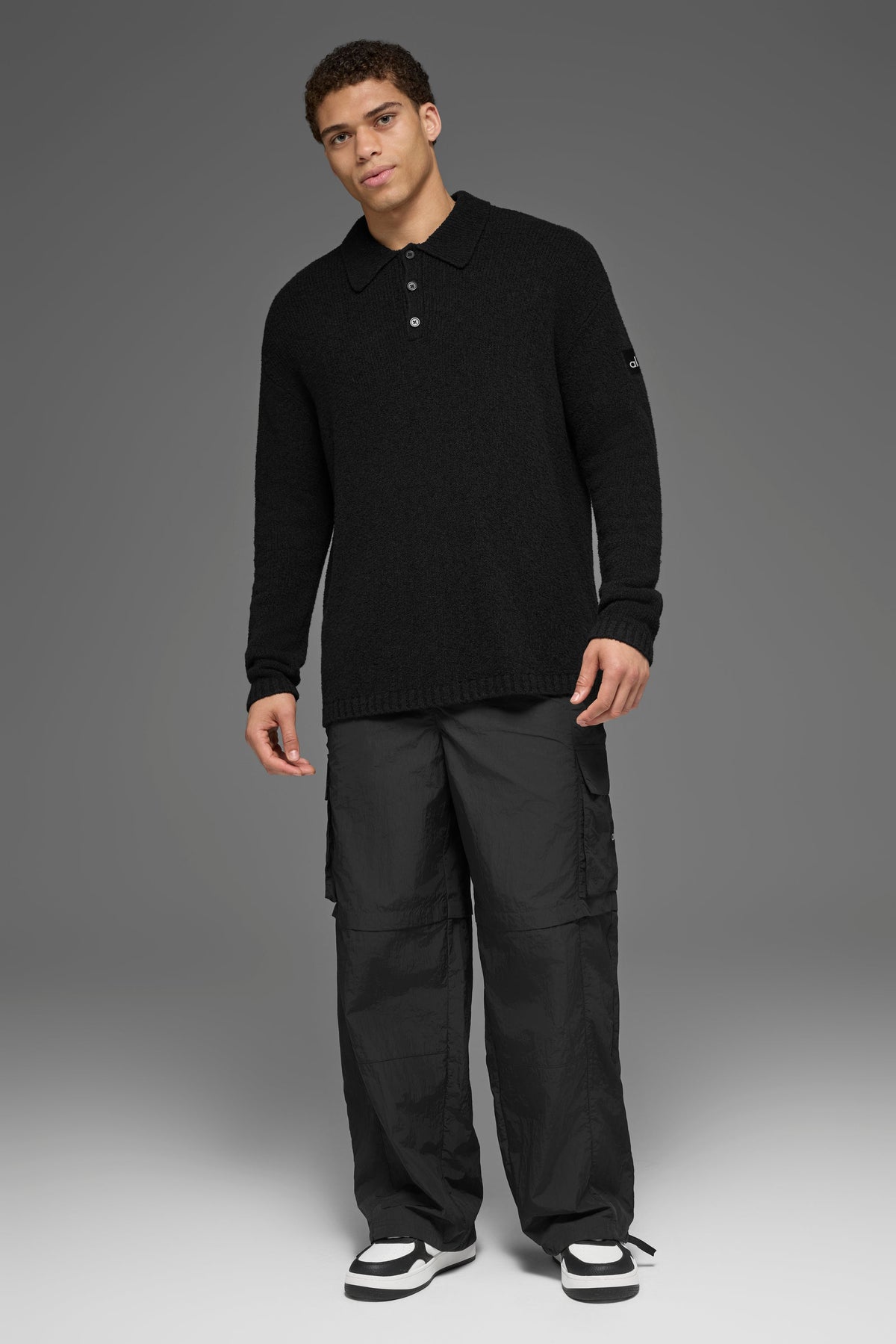 Alo Yoga Textured Knit Long Sleeve Polo - Black