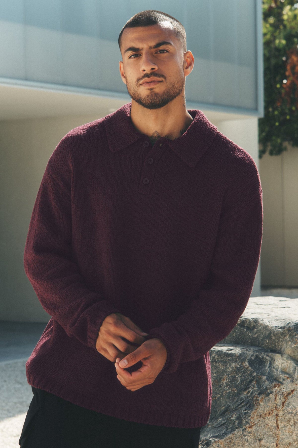 Alo Yoga Textured Knit Long Sleeve Polo - Rich Bordeaux