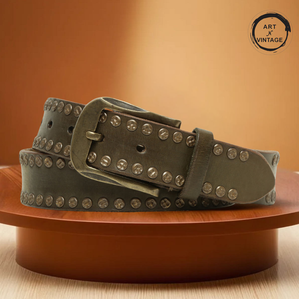 Rustic Rebel: Olive Genuine Leather Studded Men's Belt - Stylish & Durable by Art N Vintage