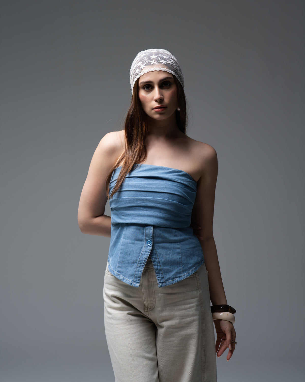 Pleated Denim Top
