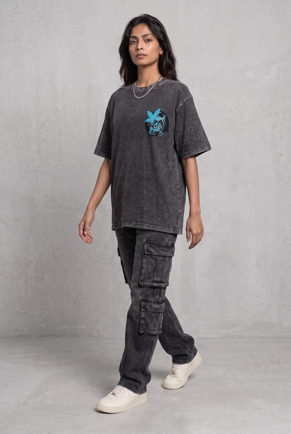 OWL VISION DARK GREY ACIDWASH WOMEN’S OVERSIZED T-SHIRT