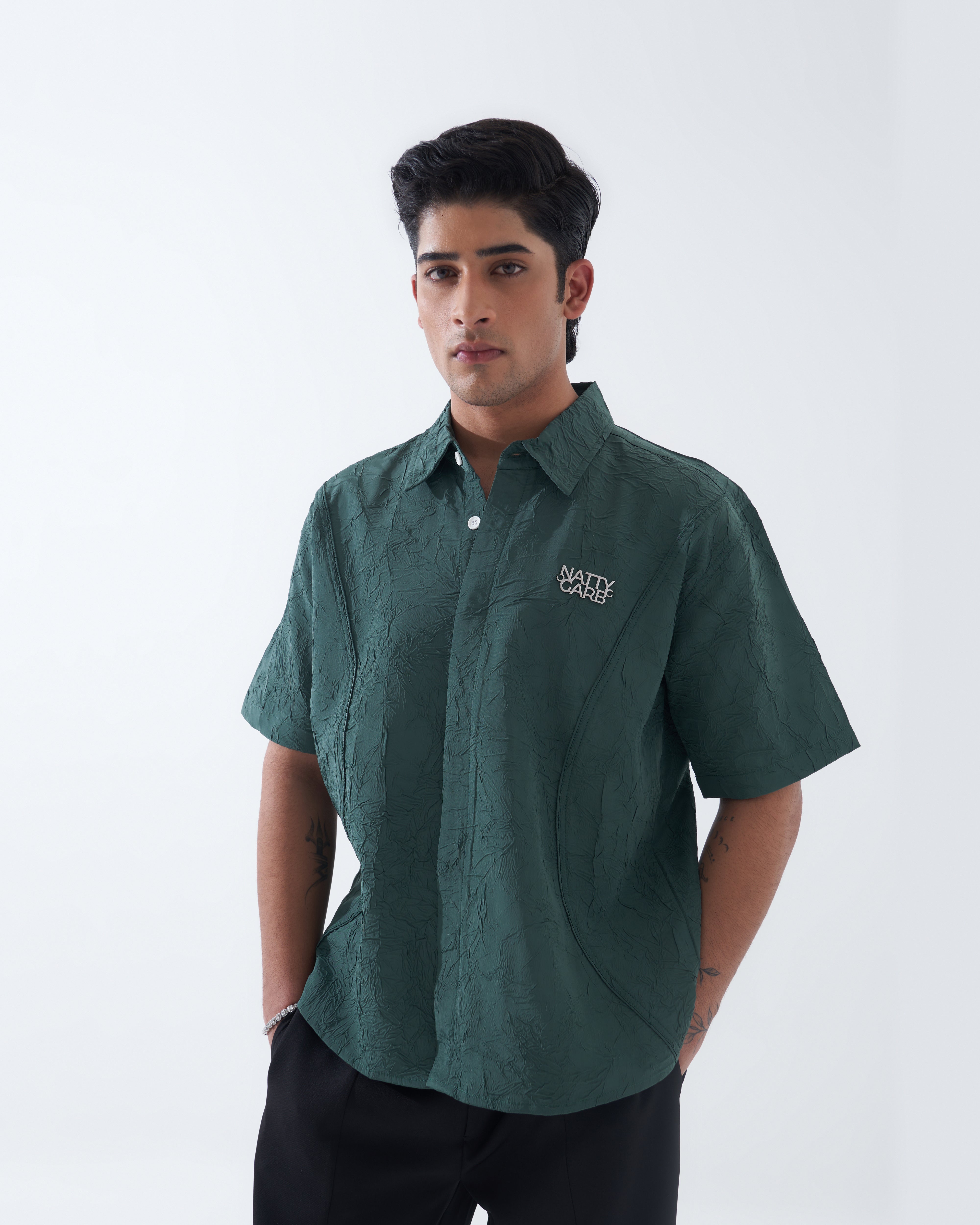 CRINKLED BOTTLE GREEN SHIRT