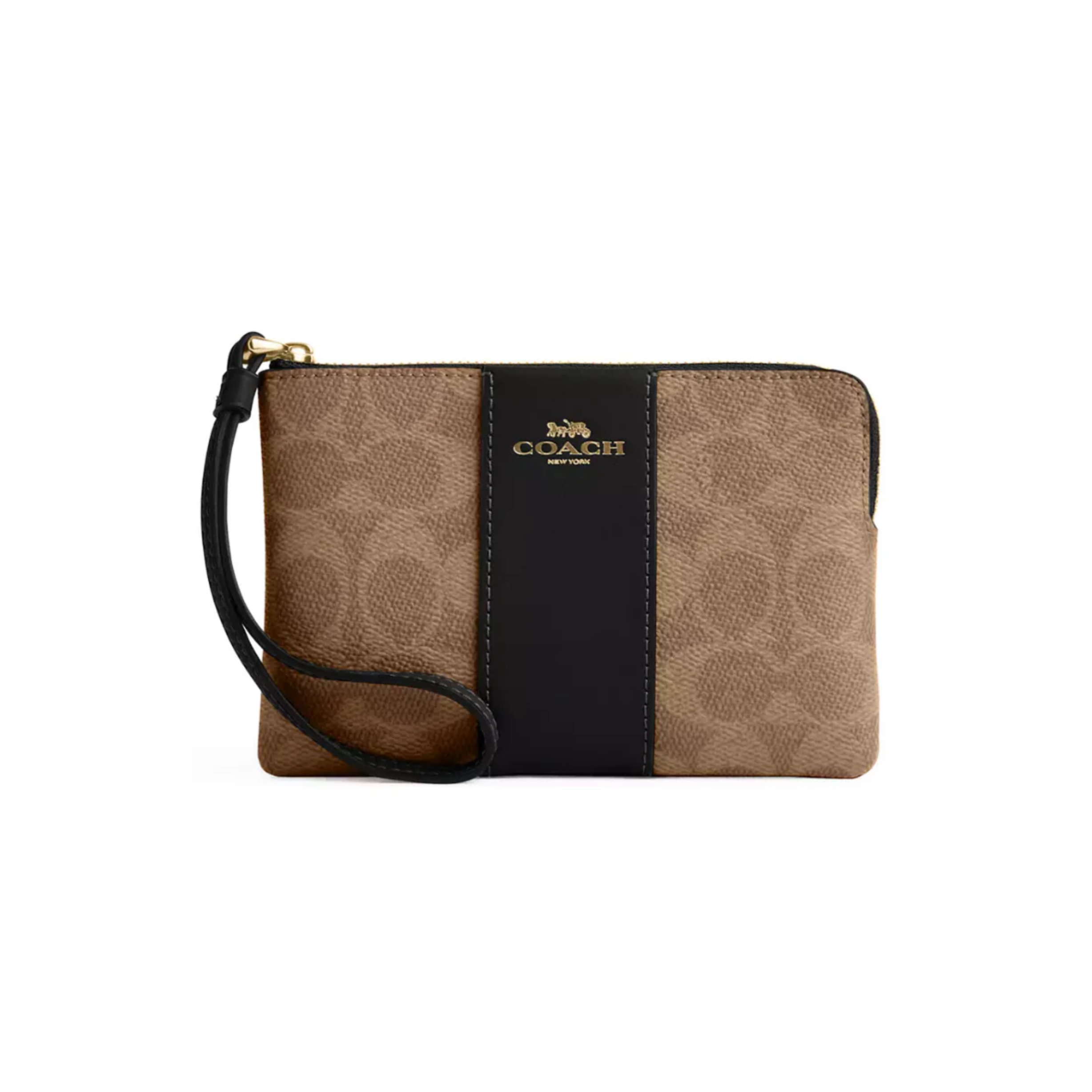 Coach Corner Zip Wristlet Signature Canvas With Stripe Gold Tan Black