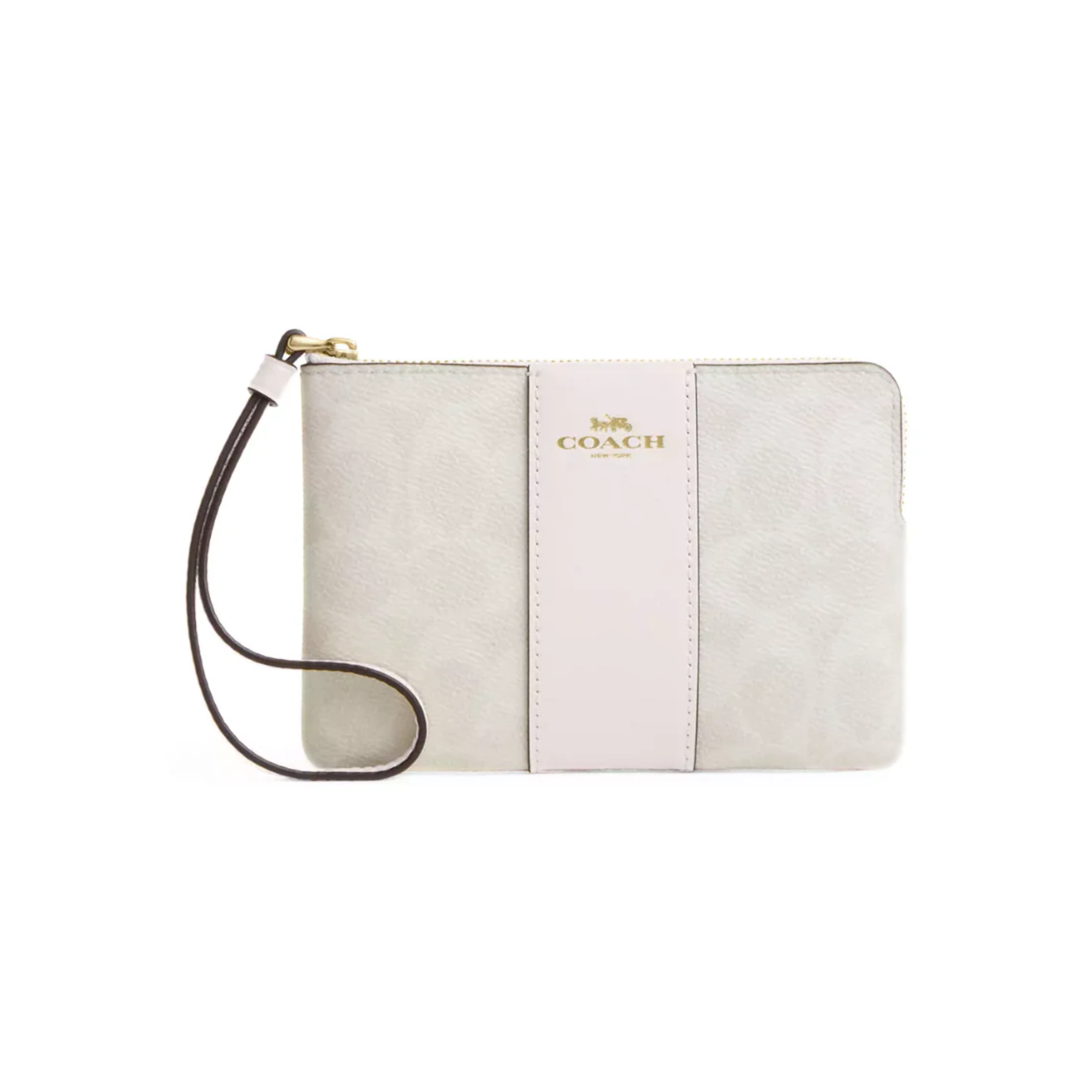 Coach Corner Zip Wristlet Signature Canvas With Stripe Gold White Chalk