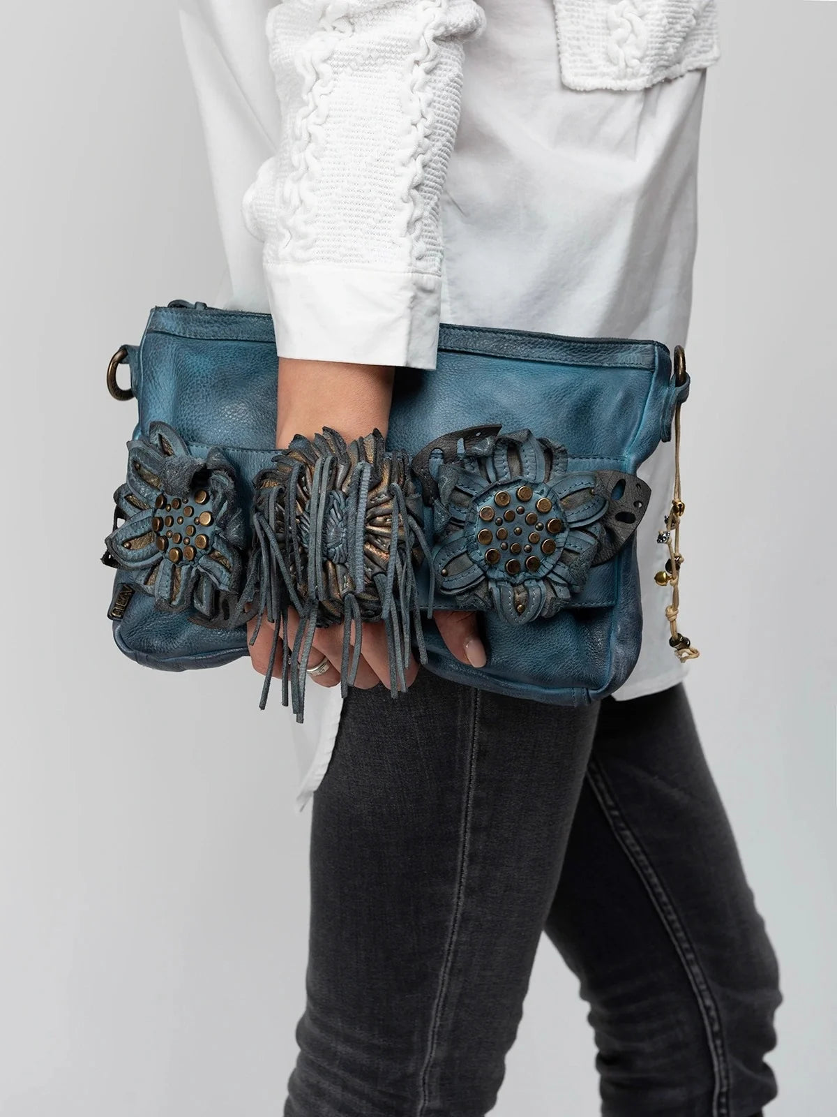 Blue Floral Applique Shoulder Leather Bag