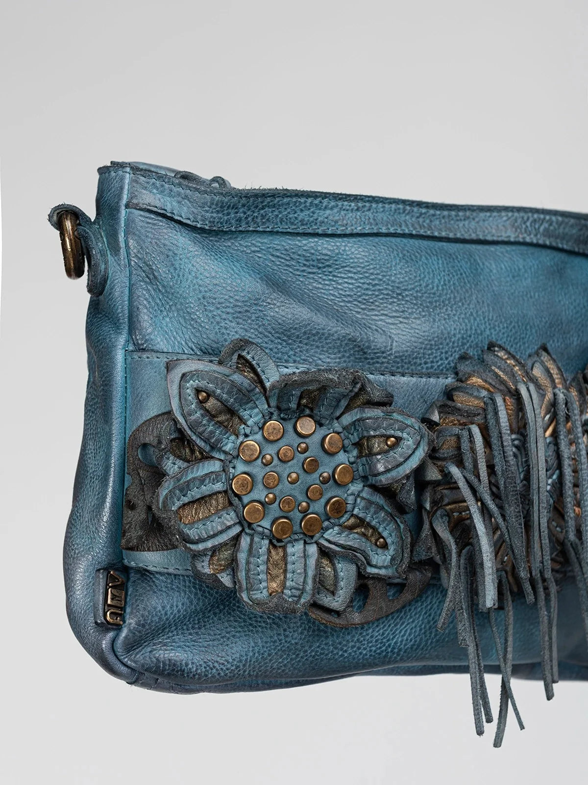 Blue Floral Applique Shoulder Leather Bag