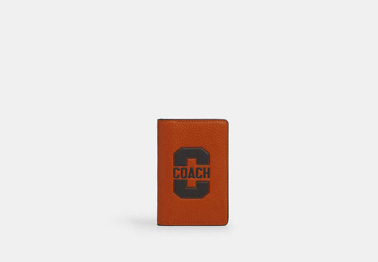 COACH®,Id Card Wallet With Varsity Motif,Leather,Bi Fold,Casual,Burnt Orange,Front View