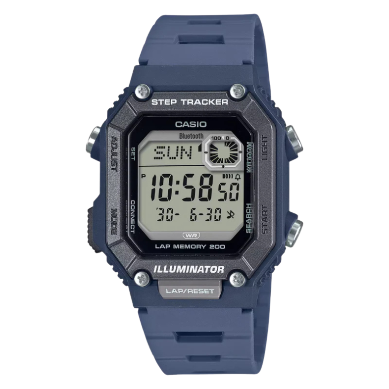 A Casio digital watch with a dark blue resin strap and a gray and black textured case, featuring a step tracker, lap memory, and an illuminated display.