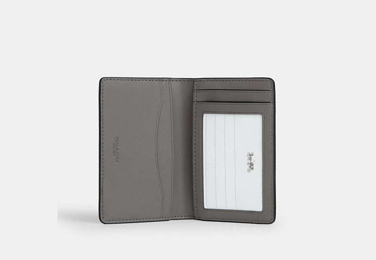 COACH®,Id Card Wallet In Signature Canvas With Patches,Canvas,Bi Fold,Logo,Casual,Gray,Inside View,Top View
