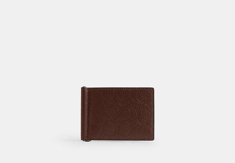 COACH®,Slim Money Clip Billfold Wallet In Signature Leather,Leather,Bi Fold,Logo,Money Clip,Casual,Brown,Front View