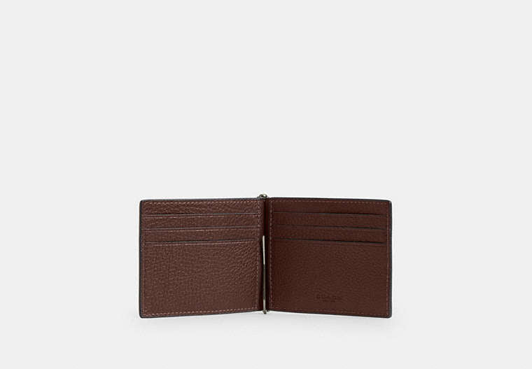 COACH®,Slim Money Clip Billfold Wallet In Signature Leather,Leather,Bi Fold,Logo,Money Clip,Casual,Brown,Inside View,Top View