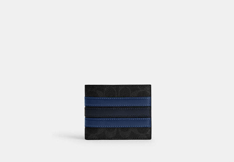 COACH®,Id Billfold Wallet In Signature Canvas With Varsity Stripe,Canvas,Leather,Bi Fold,Logo,Stripe,Casual,Multi Color,Front View