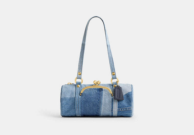 Kisslock Barrel Bag 28 In Repurposed Denim - Brass/Indigo