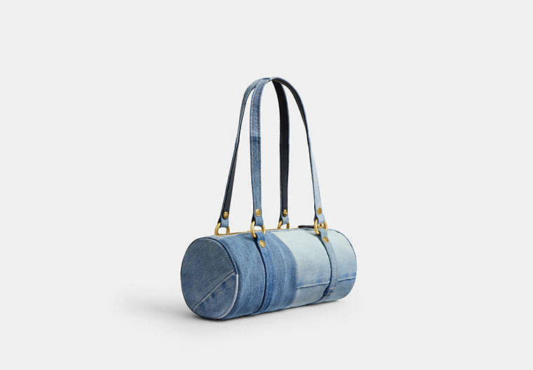 Kisslock Barrel Bag 28 In Repurposed Denim - Brass/Indigo