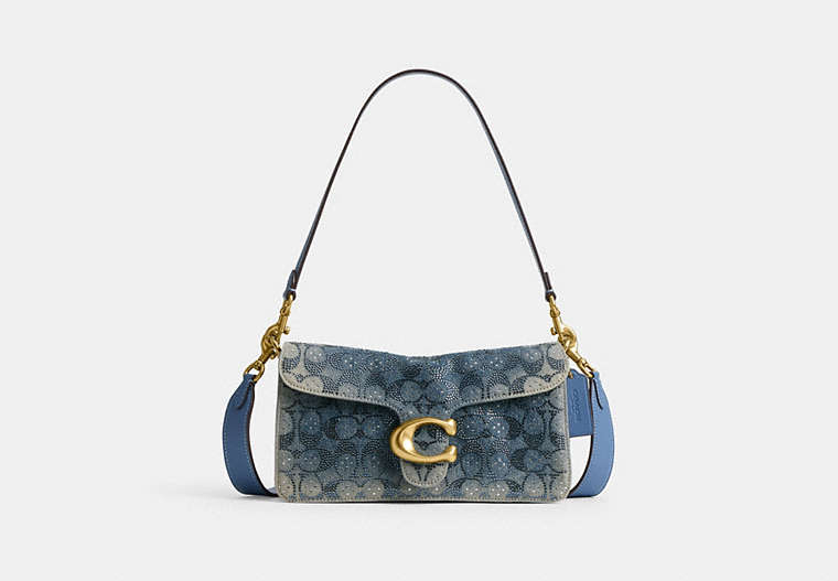 Tabby Shoulder Bag 26 In Regenerative Cotton Denim With Crystal Signature - Brass/Denim