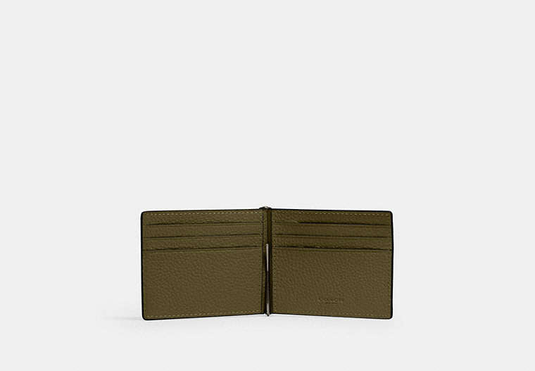 COACH®,Slim Money Clip Billfold Wallet,Leather,Bi Fold,Money Clip,Casual,Olive,Inside View,Top View
