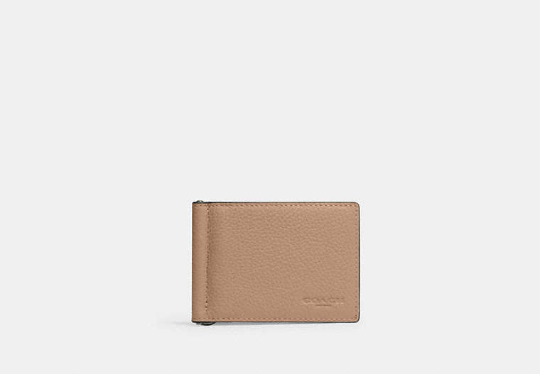 COACH®,Slim Money Clip Billfold Wallet,Leather,Bi Fold,Money Clip,Casual,Beige,Front View