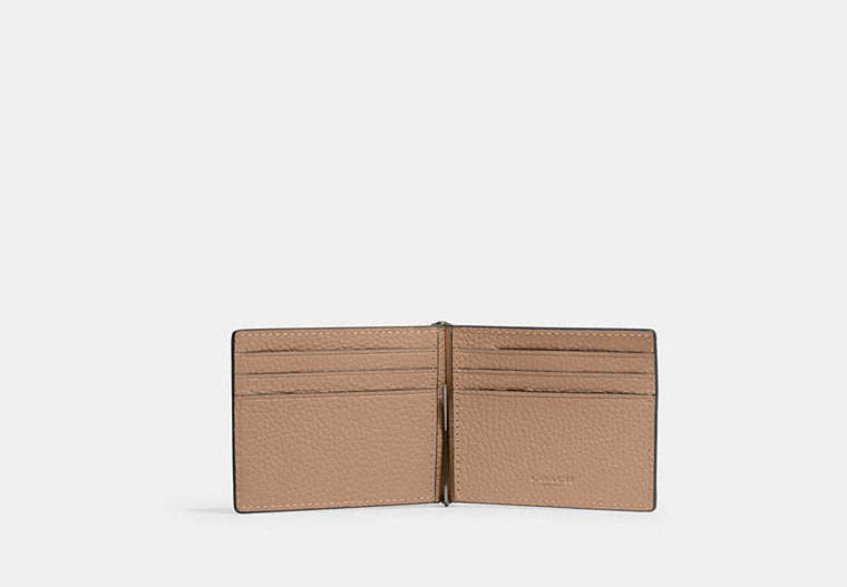 COACH®,Slim Money Clip Billfold Wallet,Leather,Bi Fold,Money Clip,Casual,Beige,Inside View,Top View