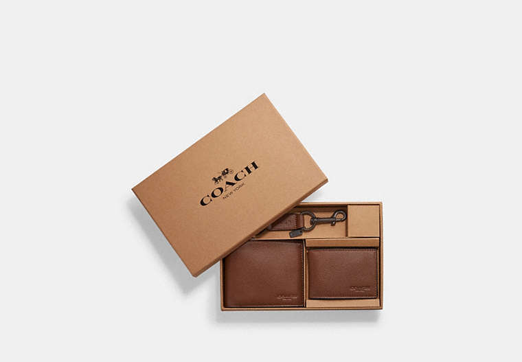 COACH®,Boxed 3-In-1 Wallet Gift Set,Leather,Bi Fold,Lanyard Key Chain,Gunmetal,Casual,Brown,Front View