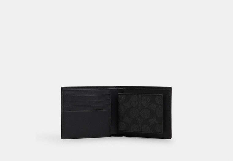 COACH®,Boxed 3-In-1 Wallet Gift Set In Signature Canvas,Bi Fold,Key Chain,Coin,Set,Casual,Black,Inside View,Top View
