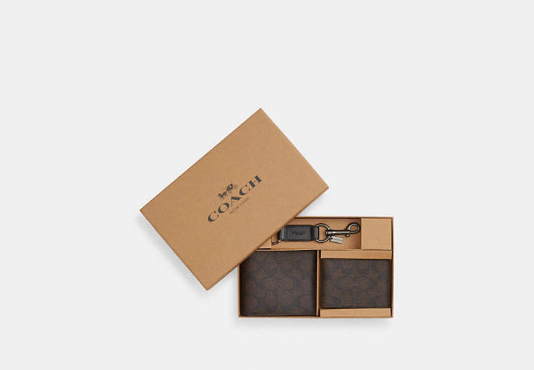 COACH®,Boxed 3-In-1 Wallet Gift Set In Signature Canvas,Bi Fold,Key Chain,Coin,Set,Casual,Brown,Black,Front View